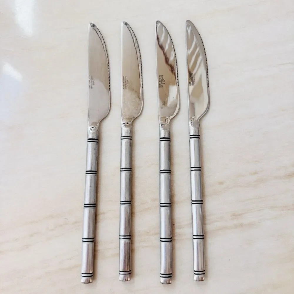 4pc Pier 1 Steak Knife 9” 18/8 Stainless Serrated Satin Ribbed/Bamboo Handle